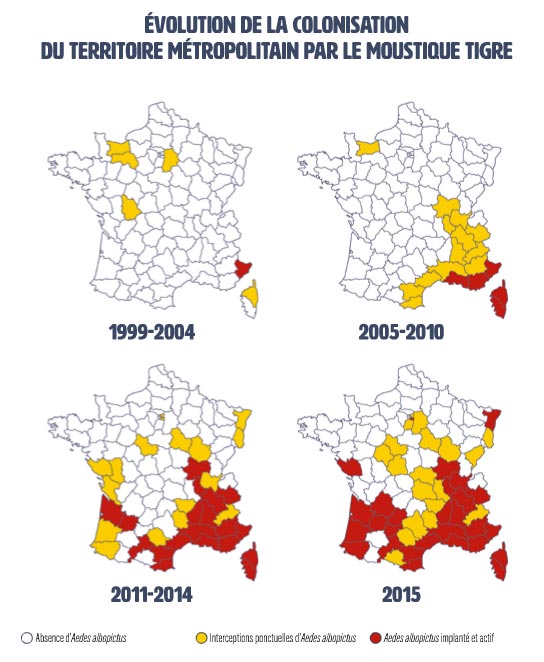 Évolution de l'implantation du moustique tigre en France. Source : EID